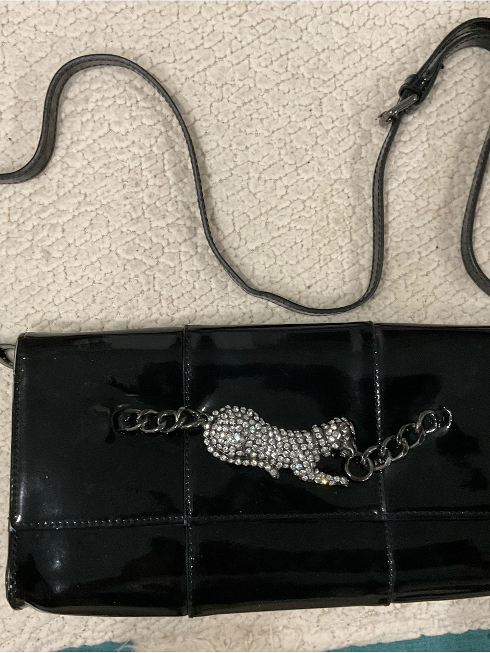 Valentino Garavani Black Patent Clutch with Crystal Panther Chain Detail